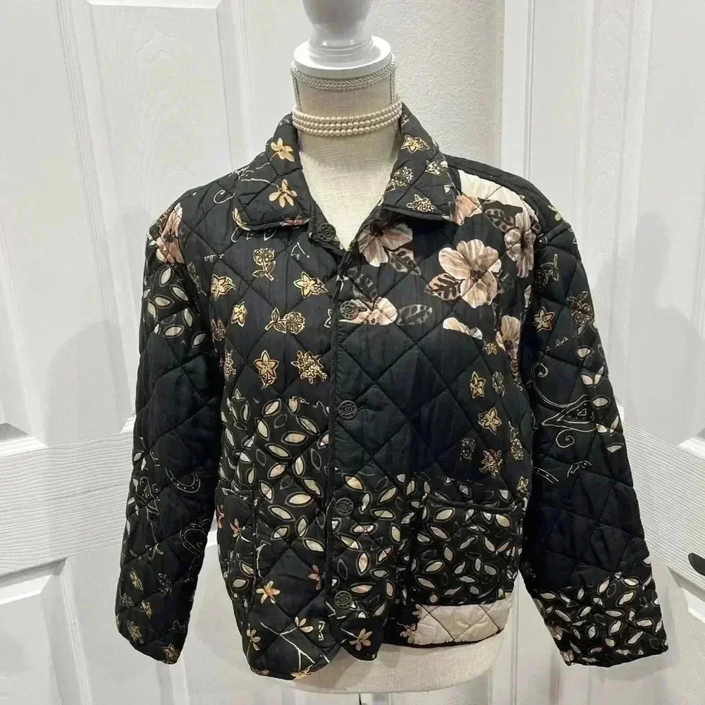 Reversible Quilted floral button front Jacket 100% silk with pockets - Picture 3 of 15